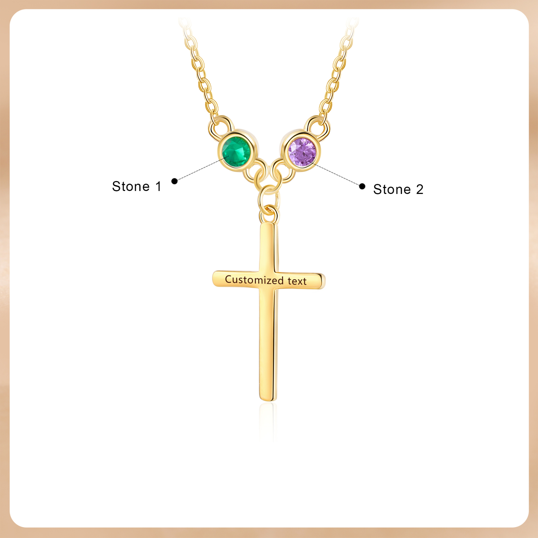 Collier Croix 2 Pierres de Naissance Personnalisés avec Texte Collier pour Femmes