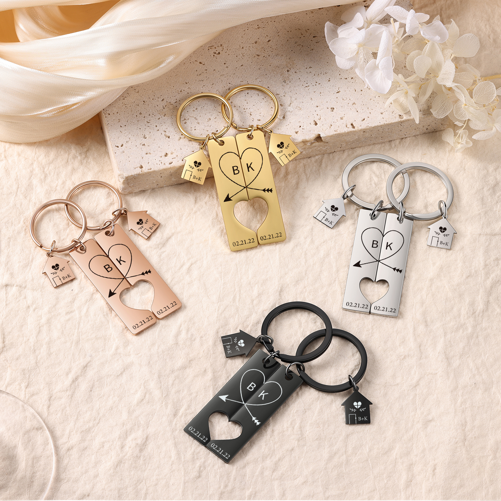 Porte-Clés 2 Lettres et 2 Dates Personnalisées pour Couple