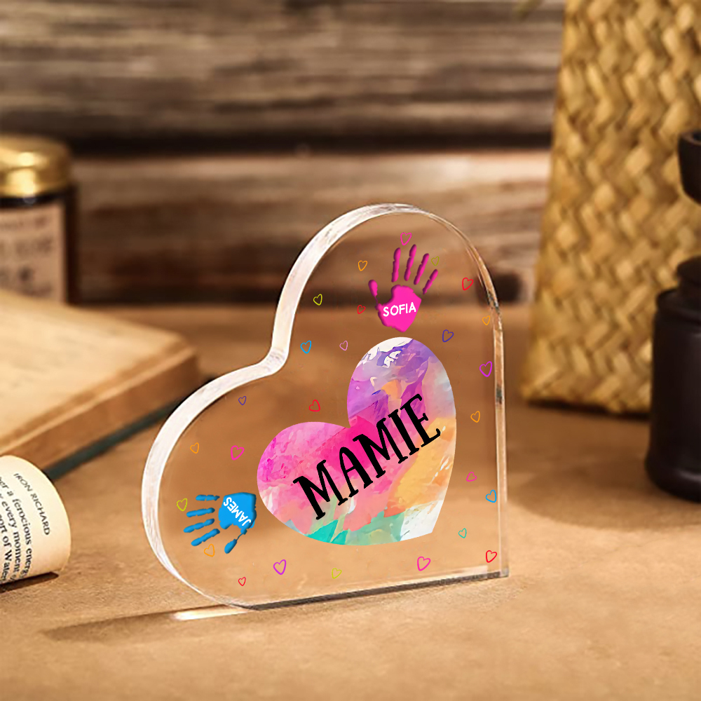 À ma Maman/Mamie - Plaque Acrylique Mains et Enfants en Forme de Cœur 3 Prénoms Personnalisés