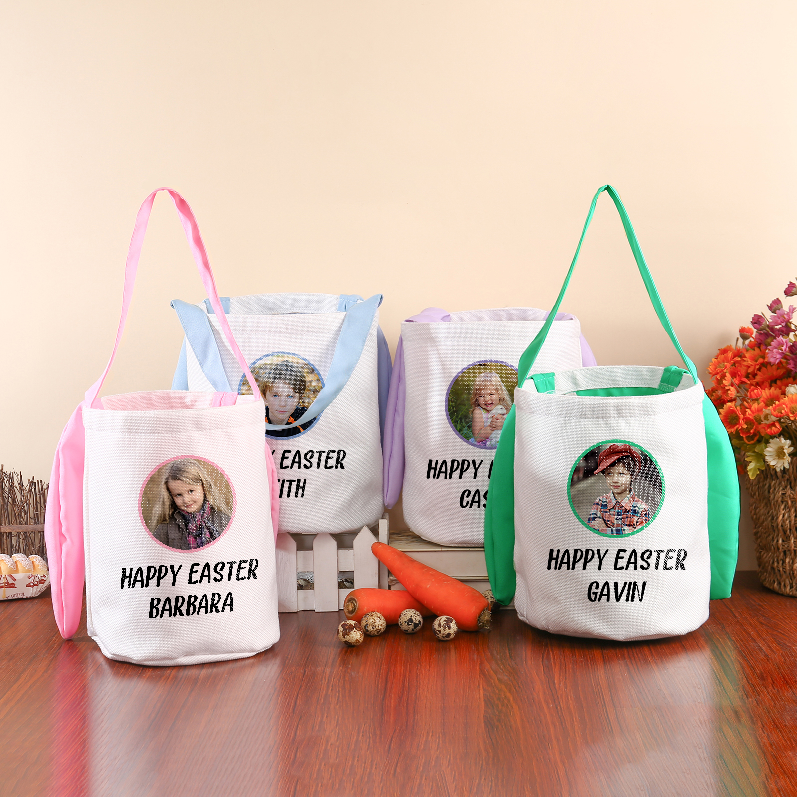 Sac de Pâques Lapin 1 Prénom et Photo Personnalisés avec Texte Tote Bag Enfant