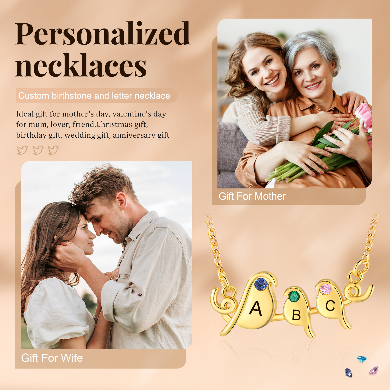 Collier Lettre Collier Petit Oiseau 3 Lettres et Pierres de Naissance Personnalisés pour Femmes|Jessemade