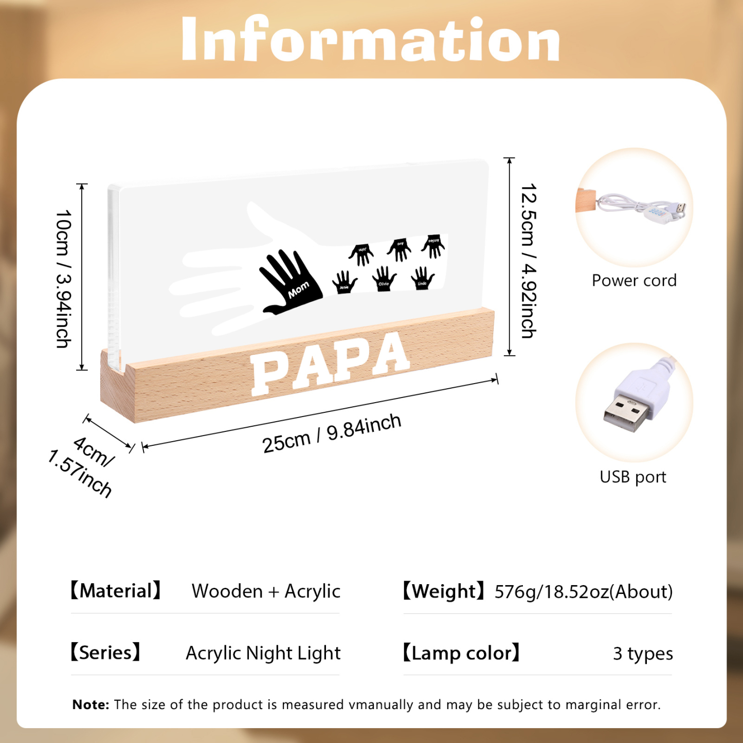 À Papa/Maman- Lampe de chevet LED Mains 7 Prénoms Personnalisés avec Texte pour Famille
