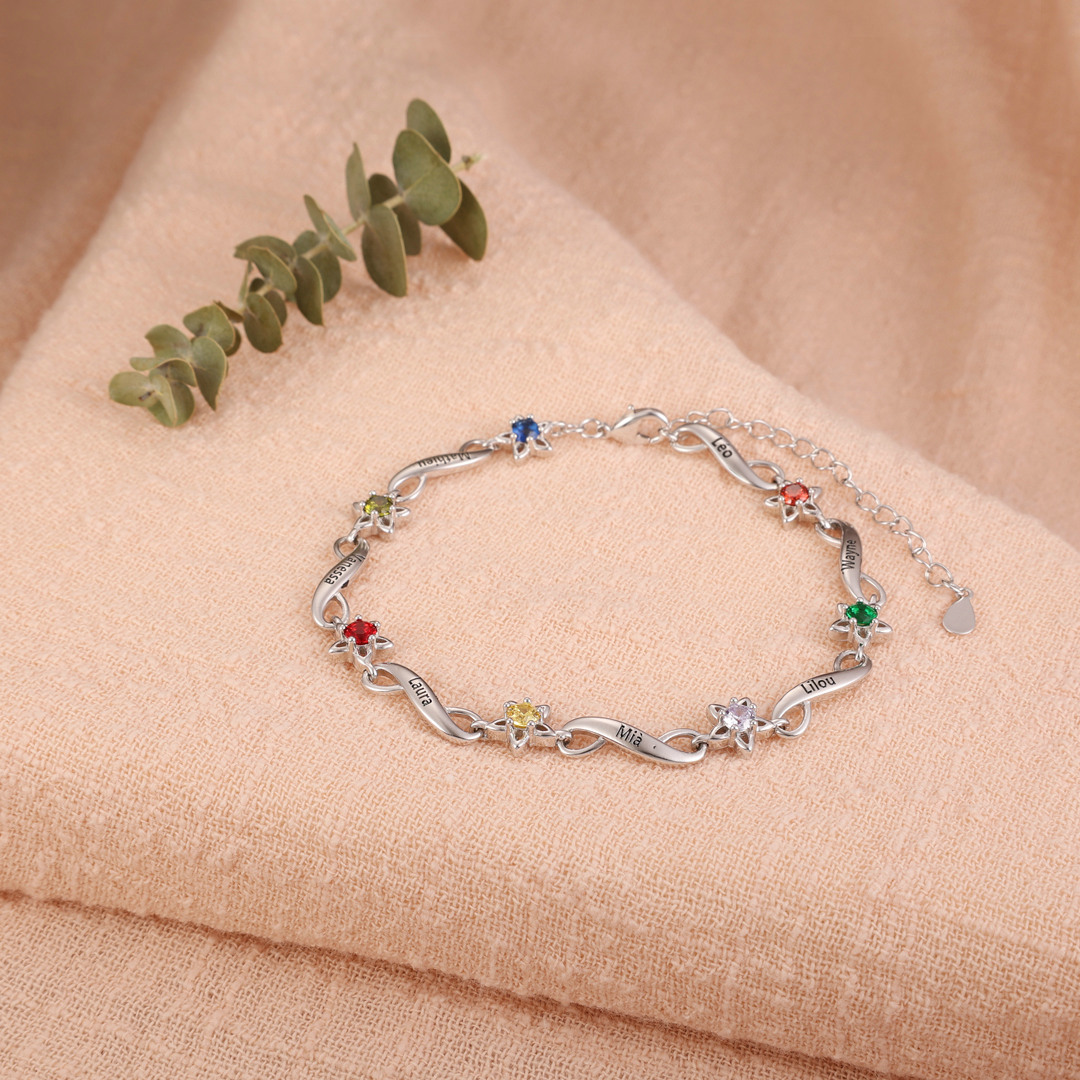 Bracelet infini à Breloque 4 Prénom Personnalisé avec 4 Pierre de Naissance