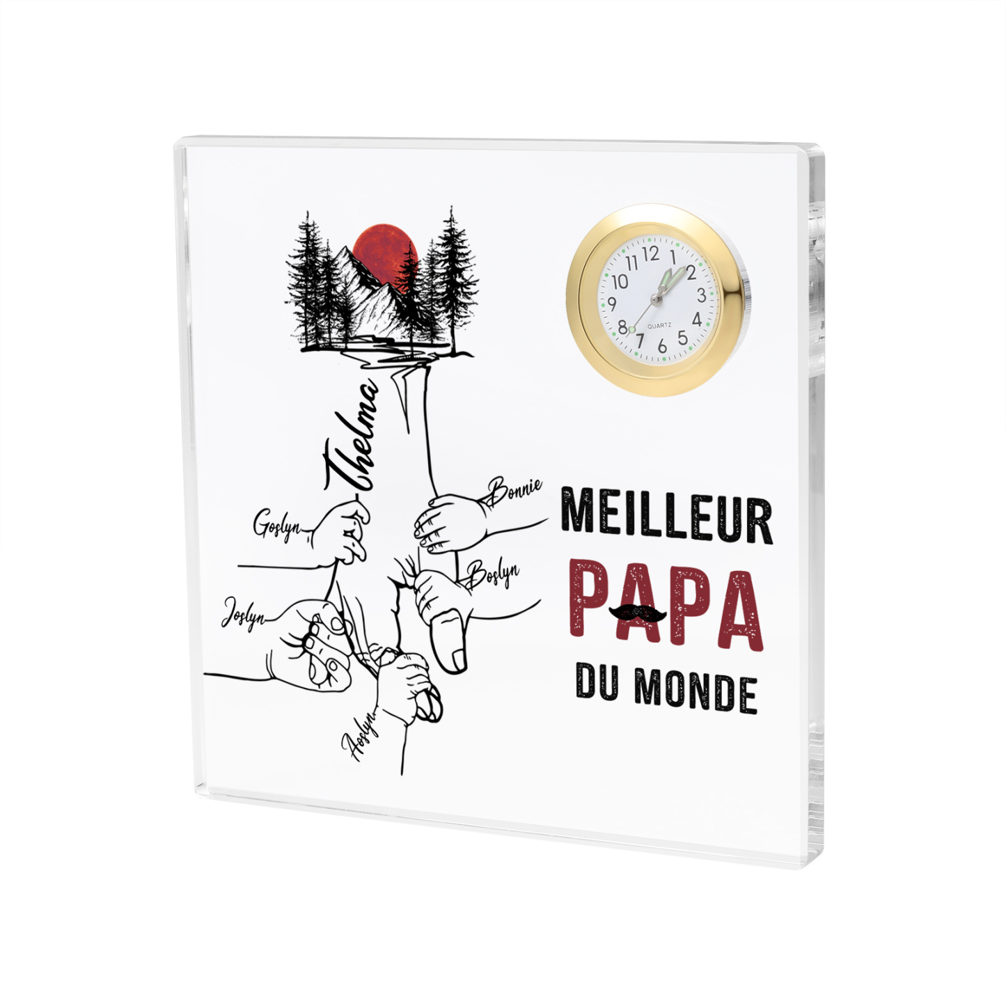 À mon Papa - Plaque Acrylique Carré avec Horloge la main dans la main 6 Prénoms Personnalisés