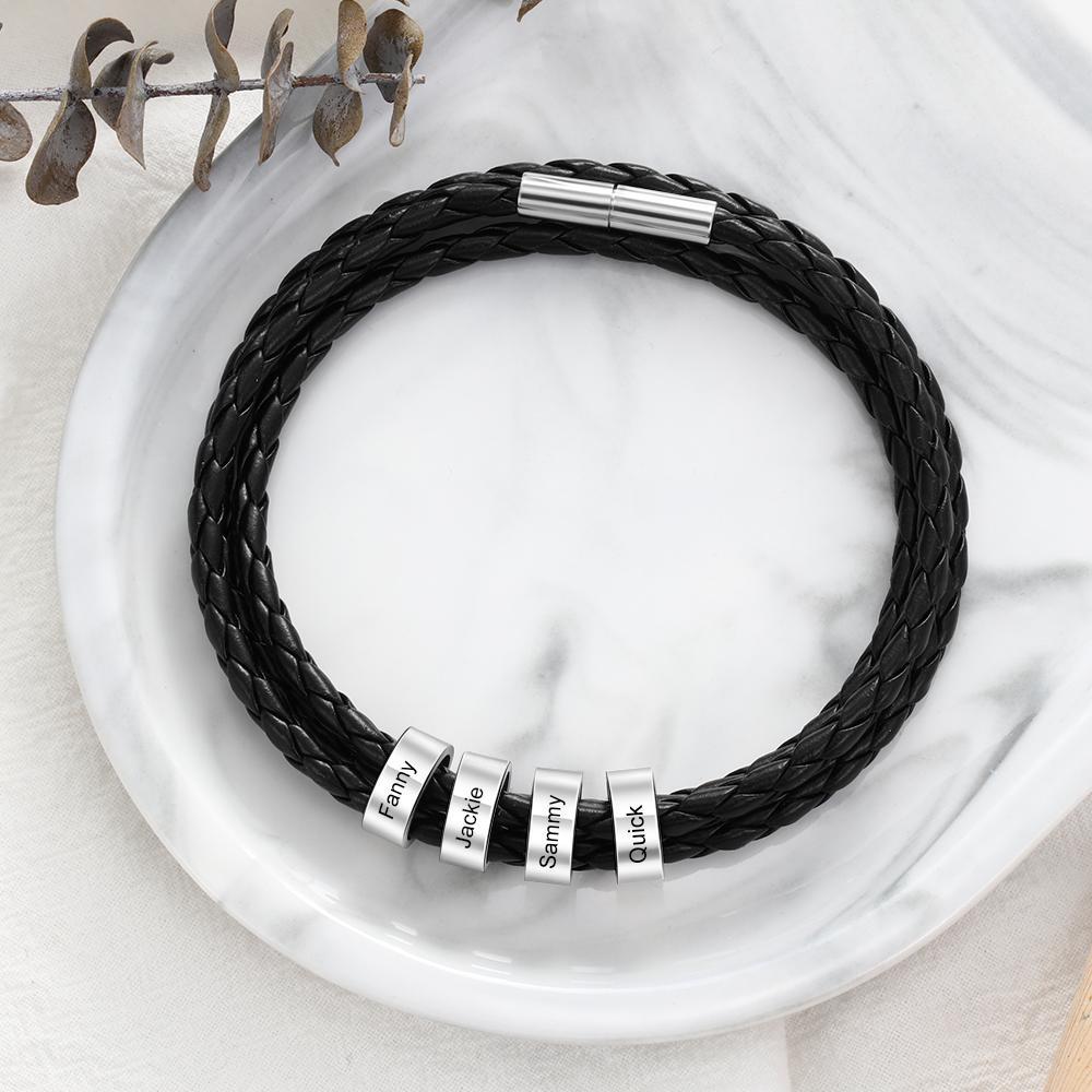 Bracelet en Cuir Tressé Prénom Personnalisé Bracelet Homme Avec 4 Perles