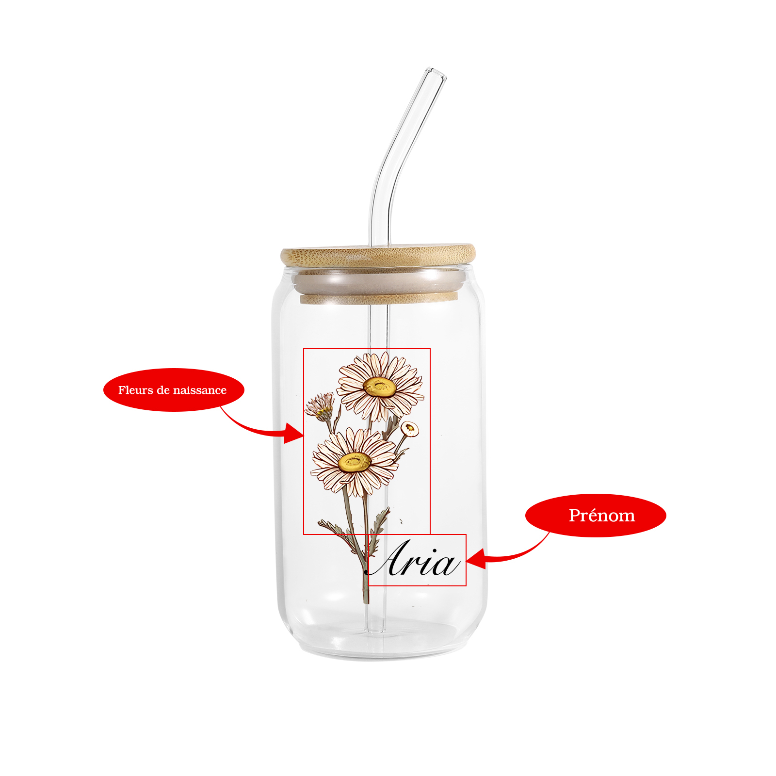 Tasse en Verre avec Paille Prénom Personnalisé avec Fleur de Naissance Cadeau de remise des Diplômes