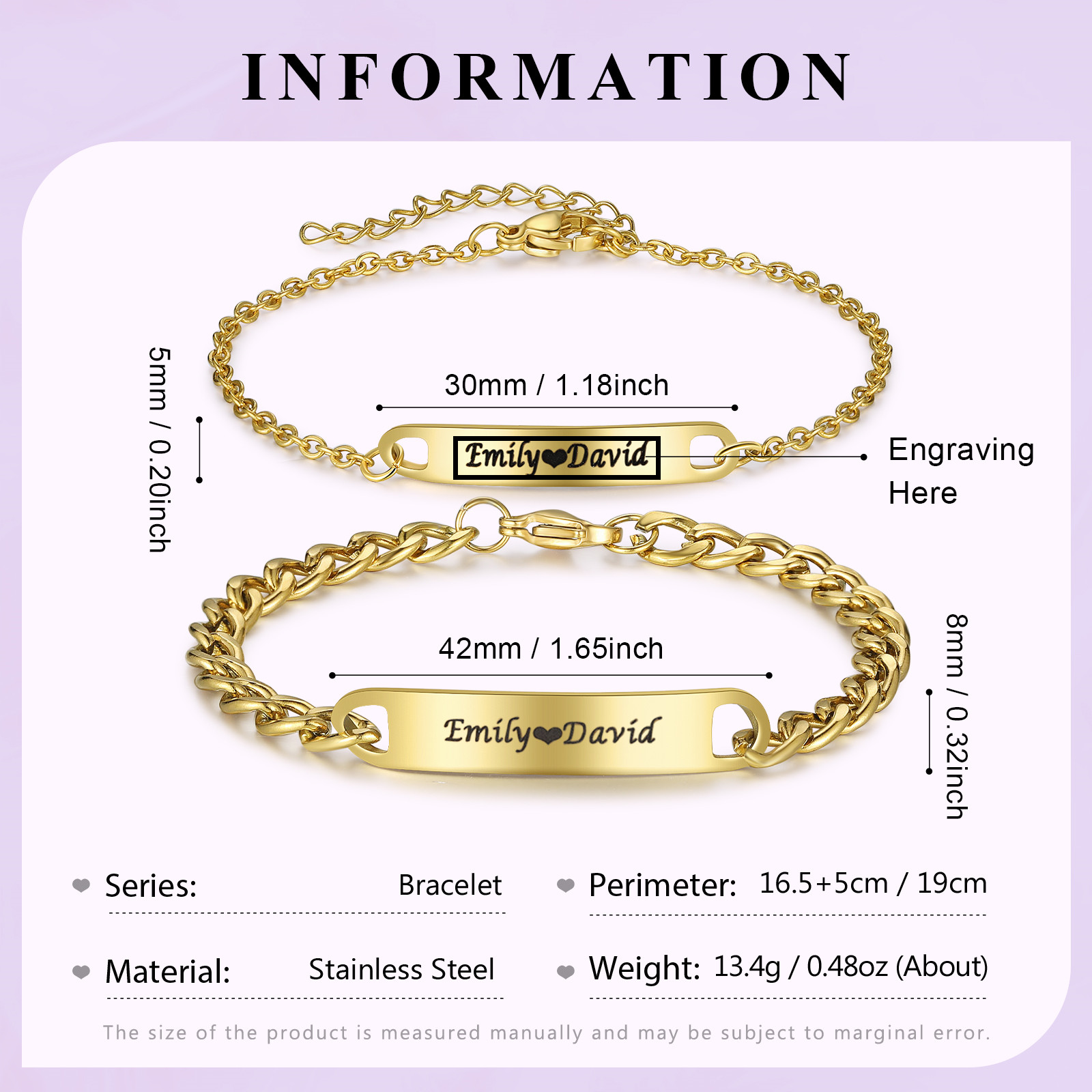 2PCS Bracelets Gourmette texte Personnalisés bracelet en commun pour Un couple Bracelet | Jessemade