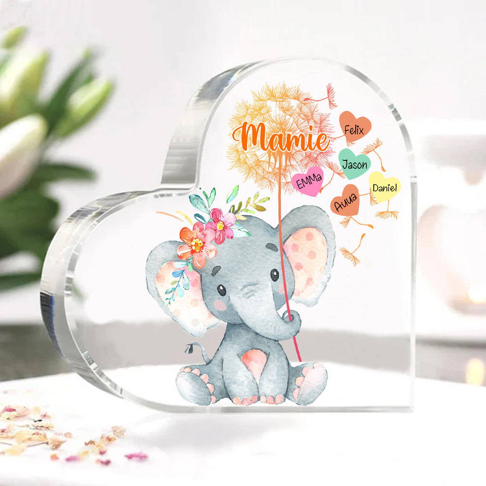 À ma Mamie - Plaque Acrylique Éléphant en Forme de Cœur 5 Prénoms Personnalisés