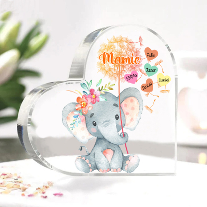 À ma Mamie - Plaque Acrylique Éléphant en Forme de Cœur 5 Prénoms Personnalisés