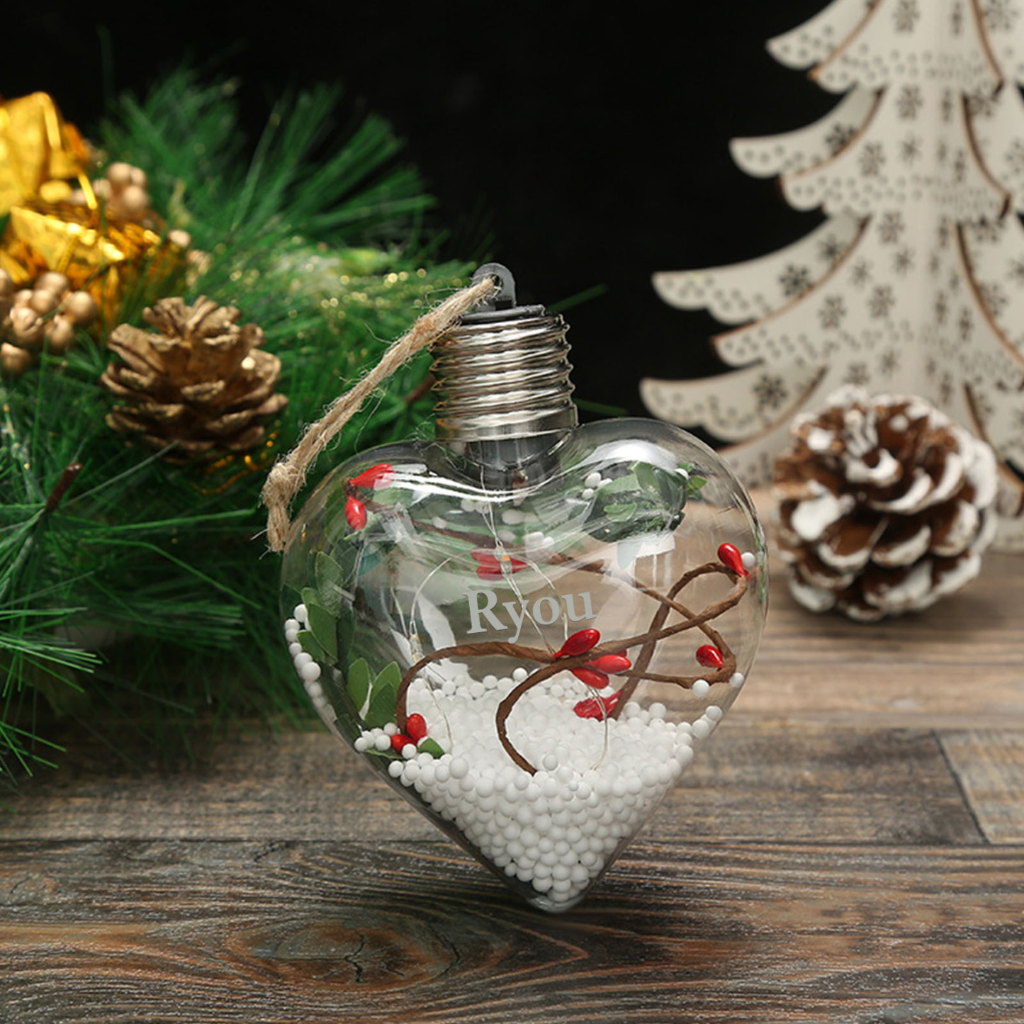 Ornements de Boule transparente Cœur de Noël avec lumières LED texte Personnalisé boule de noël | Jessemade