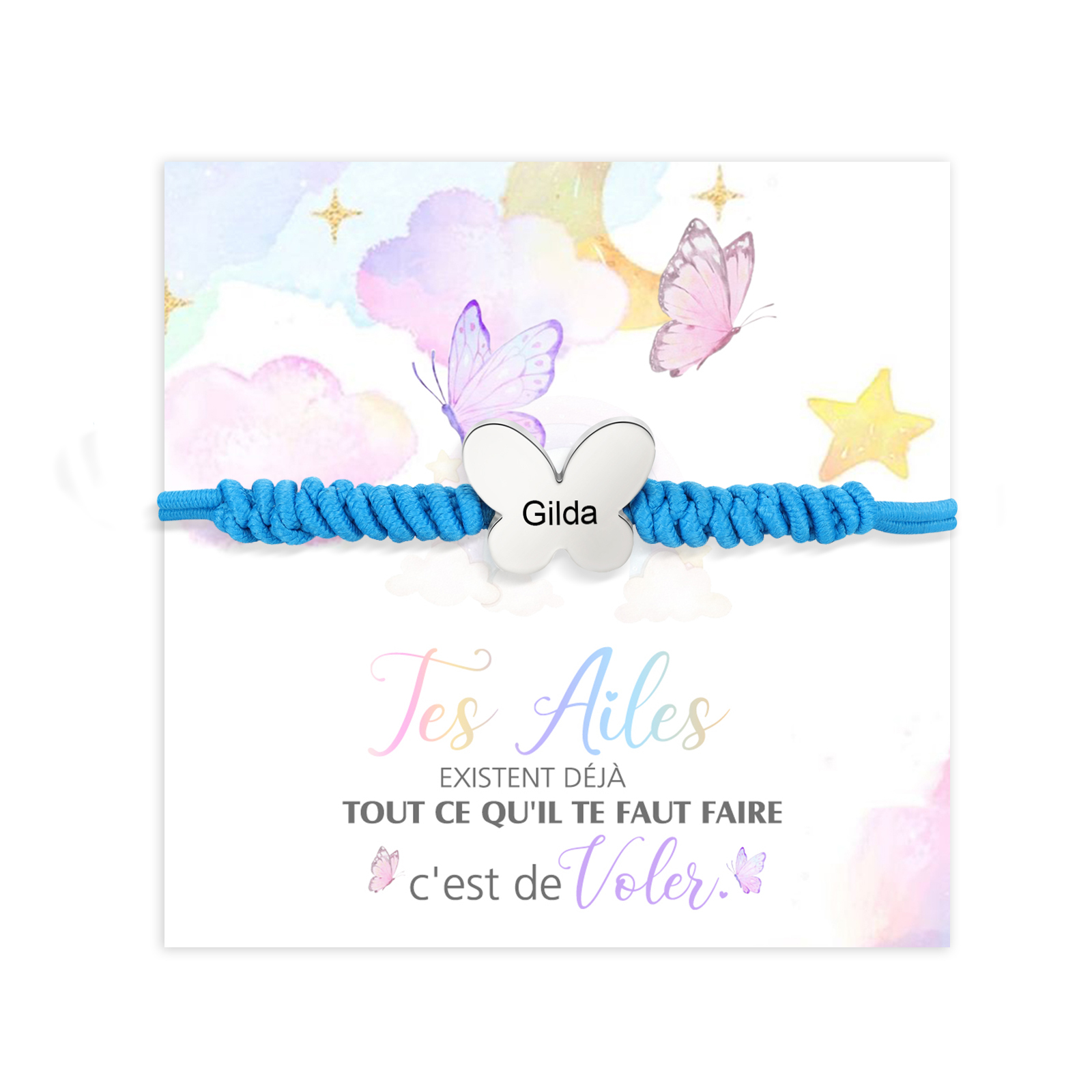 Bracelet Papillon Prénom Personnalisé Corde élastiques - Cadeau Rentrée Scolaire