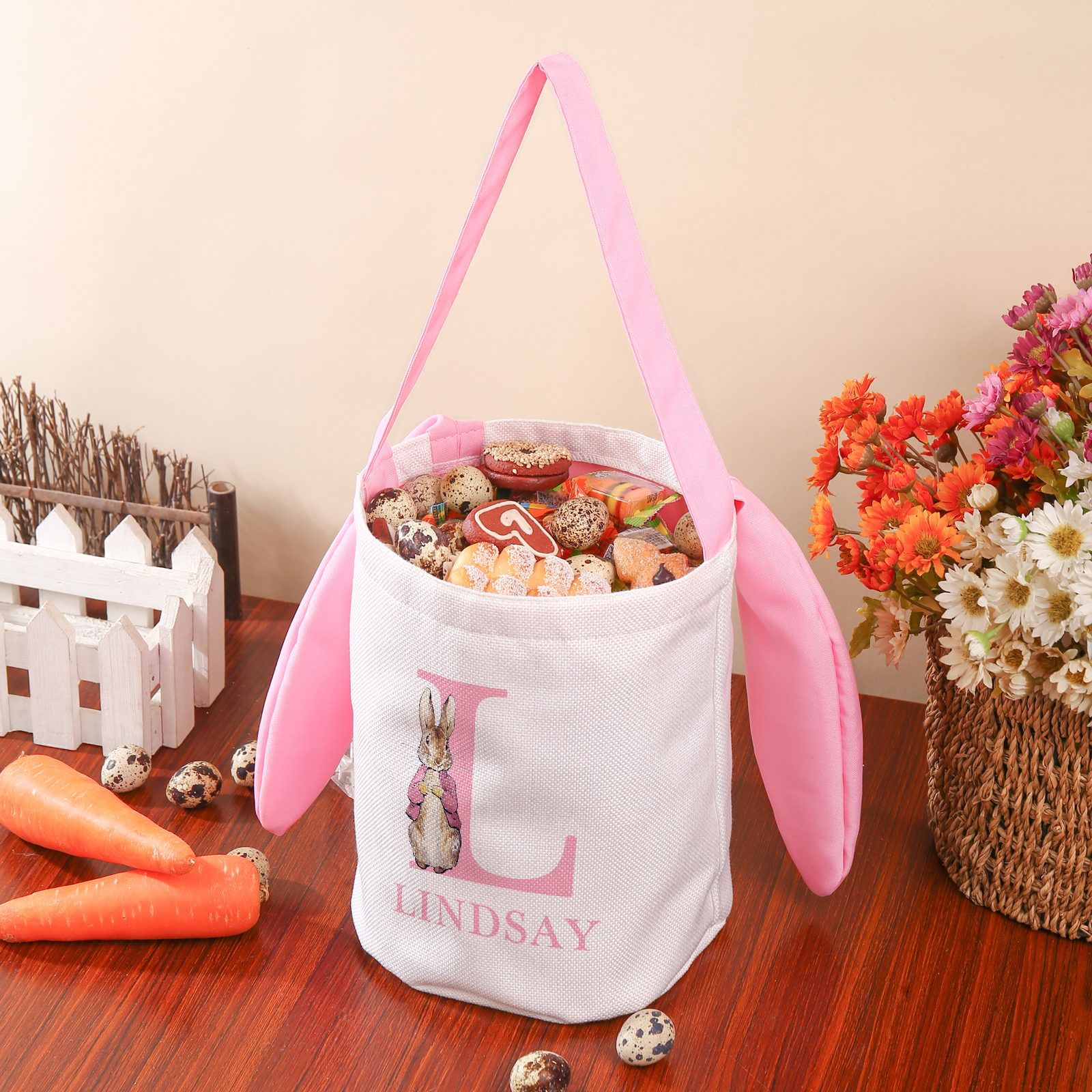 Sac de Pâques Lapin 1 Prénom et Lettre Personnalisés Tote Bag Enfant
