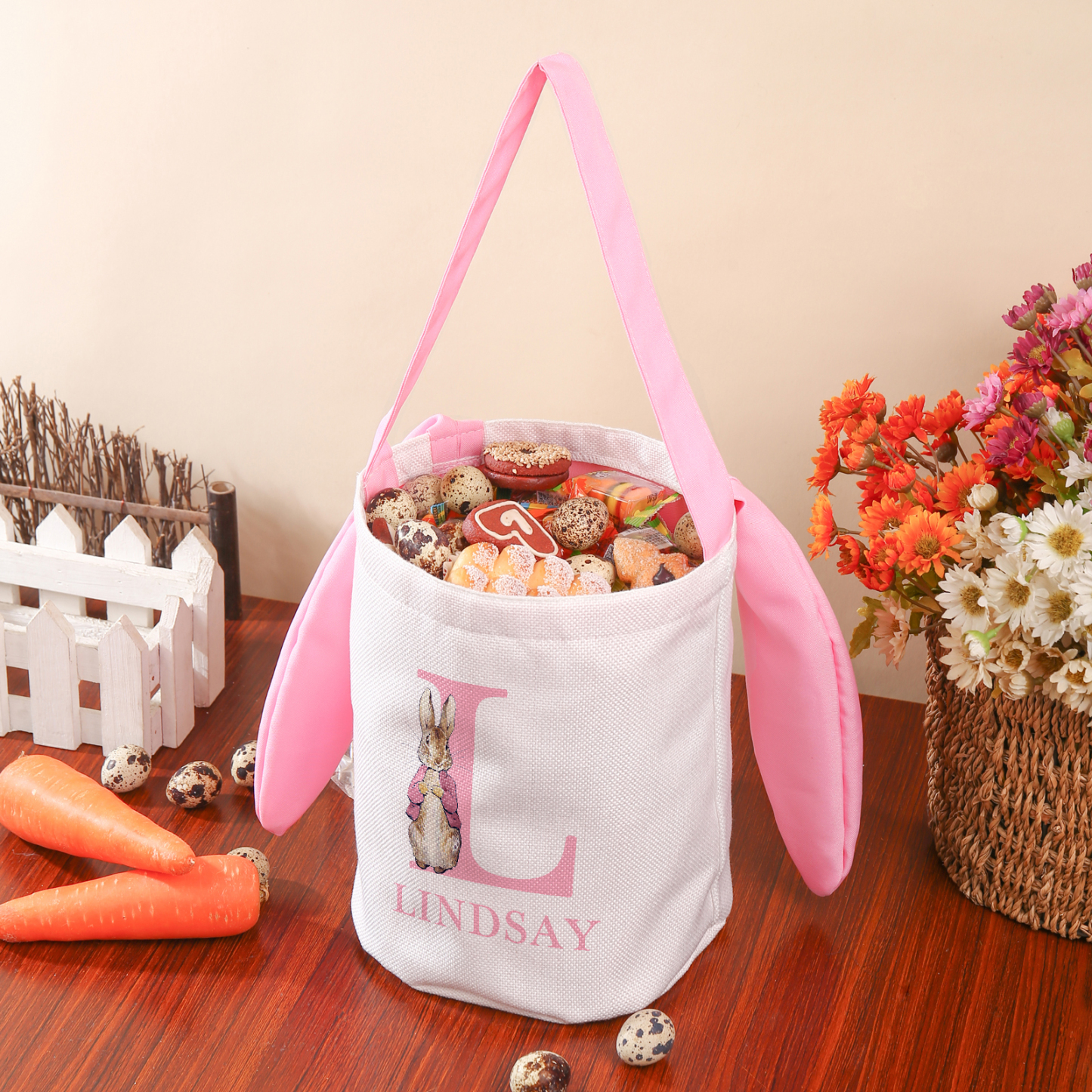 Sac de Pâques Lapin 1 Prénom et Lettre Personnalisés Tote Bag Enfant