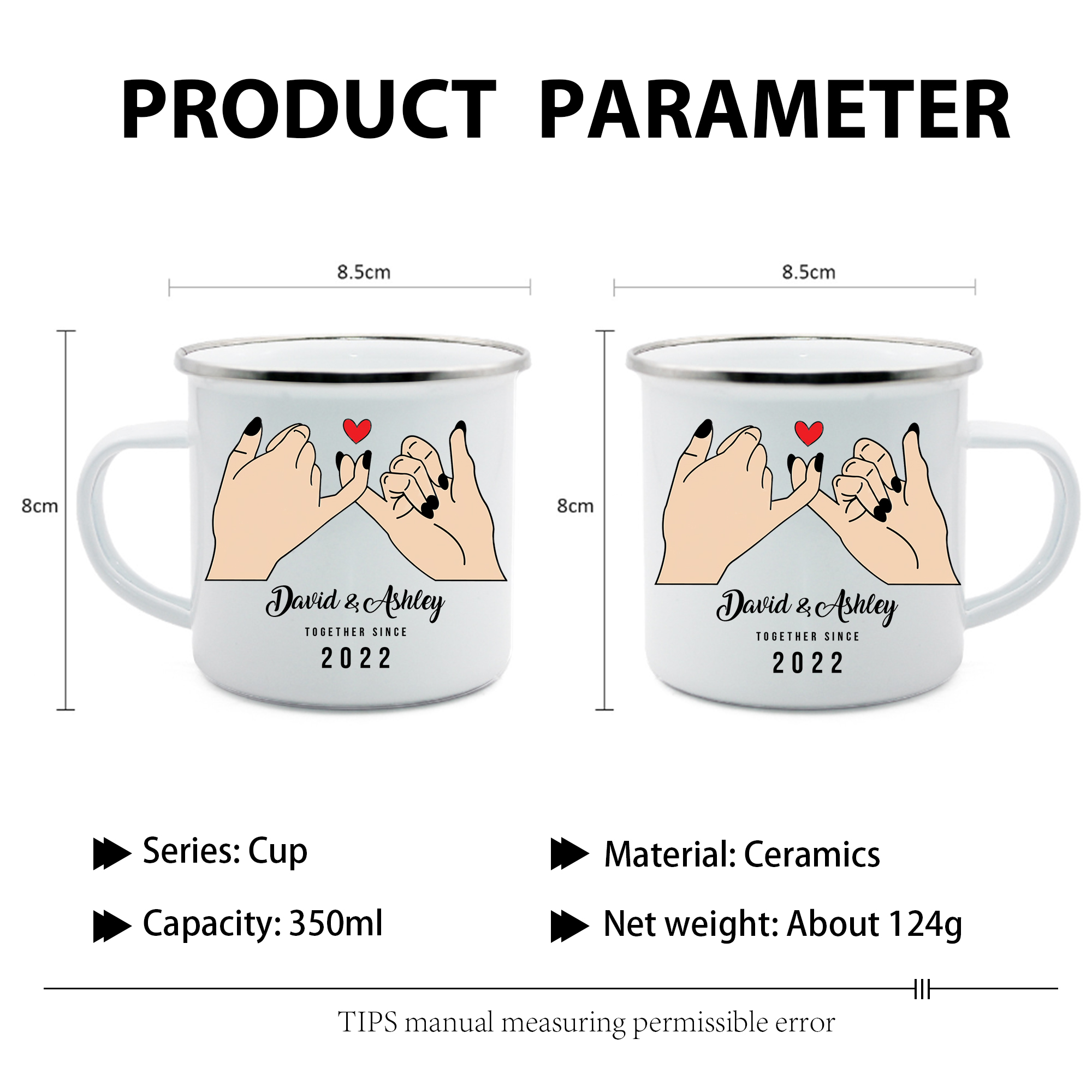 Tasse émaillée 2 Prénoms Personnalisés avec Texte et Année pour Couple promesse du petit doigt