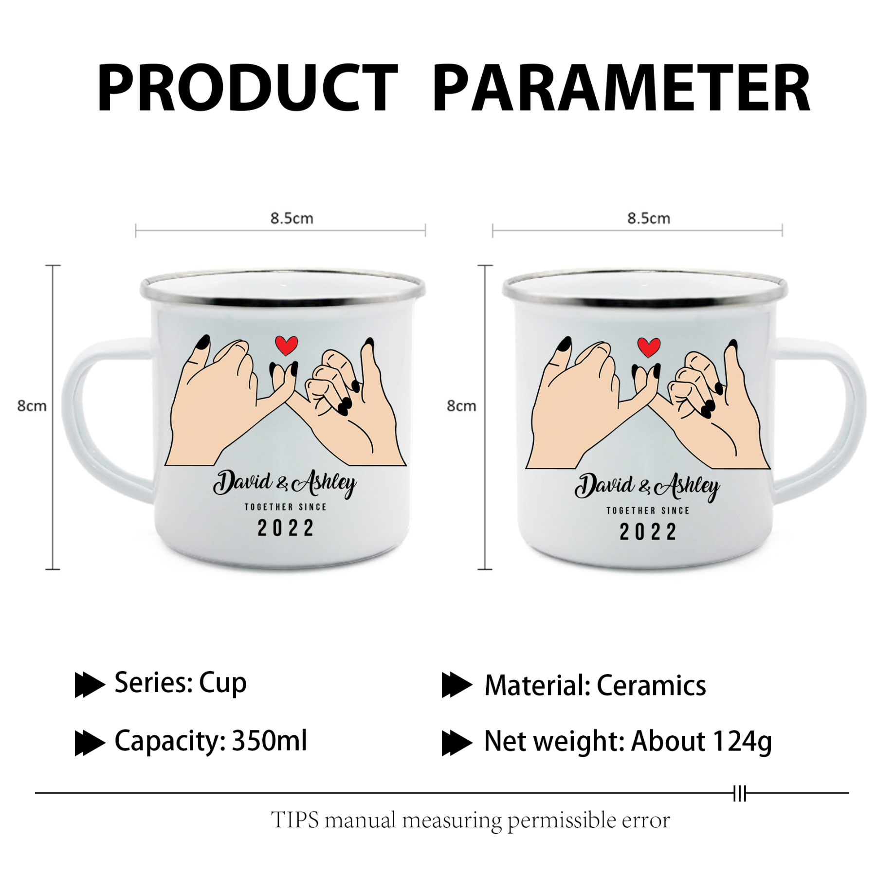 Tasse émaillée 2 Prénoms Personnalisés avec Texte et Année pour Couple promesse du petit doigt