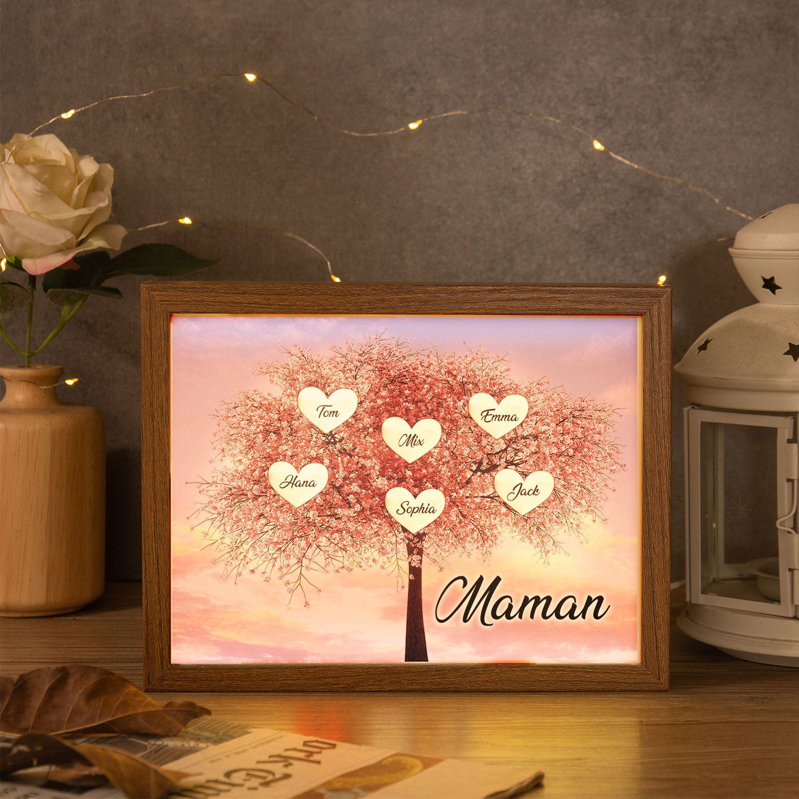 Cadre Photo LED Arbre de Vie 6 Prénoms et 1 Texte Personnalisé Décoration Famille