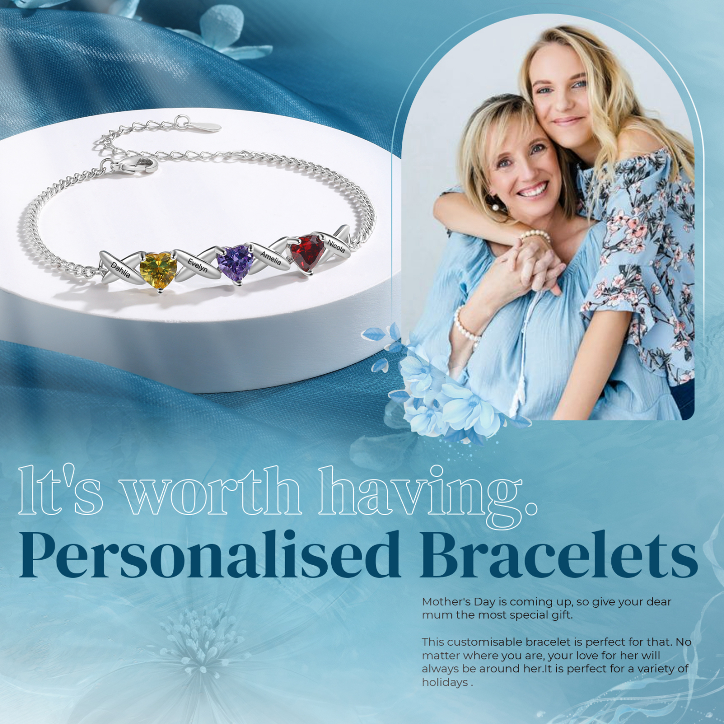 Bracelet Femmes 4 Prénoms Personnalisés avec 3 Pierres de Naissance