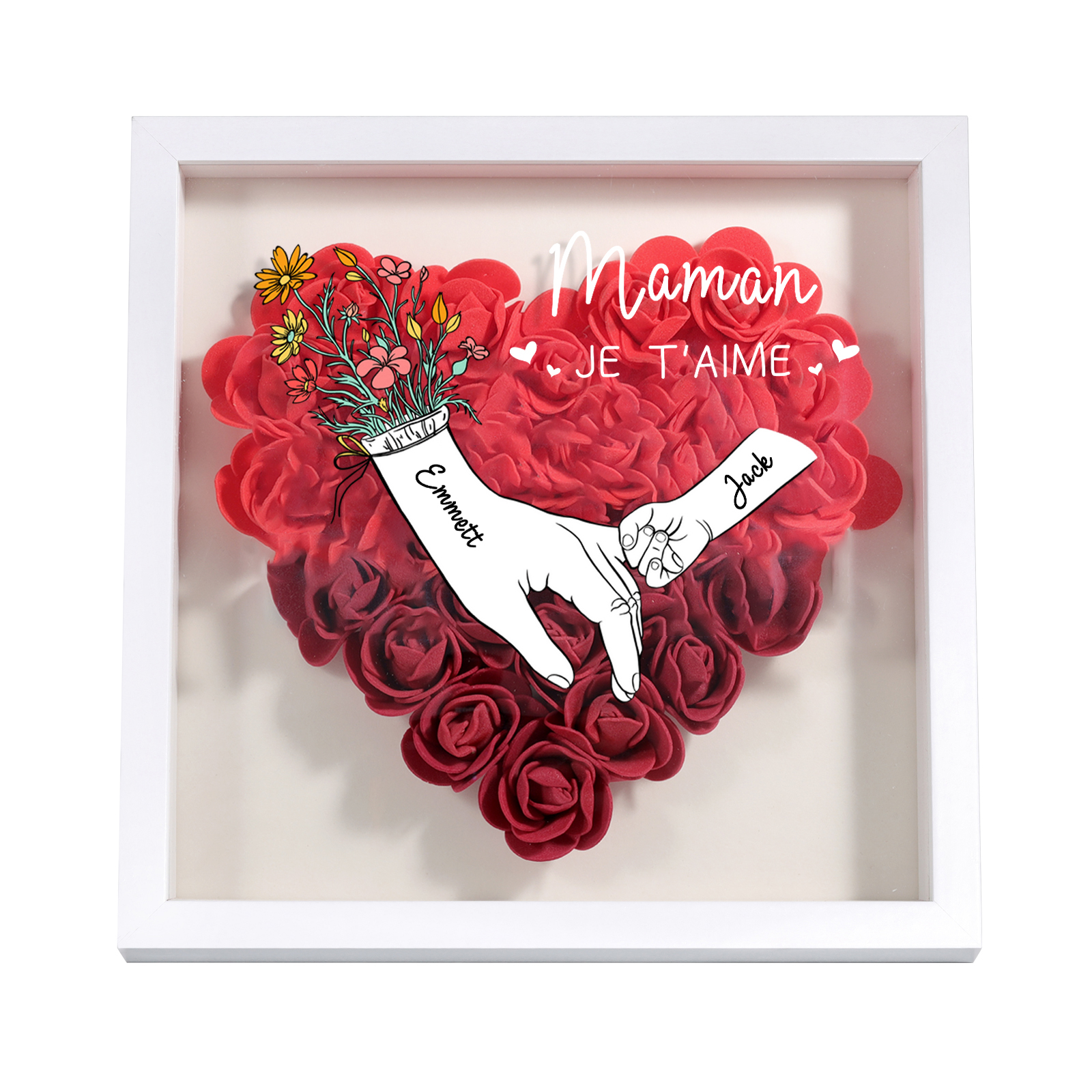 À ma Maman - Cadre Panneau de densité la main dans la main 2 Prénoms et 1 Texte Personnalisés Ornements Floral pour Famille