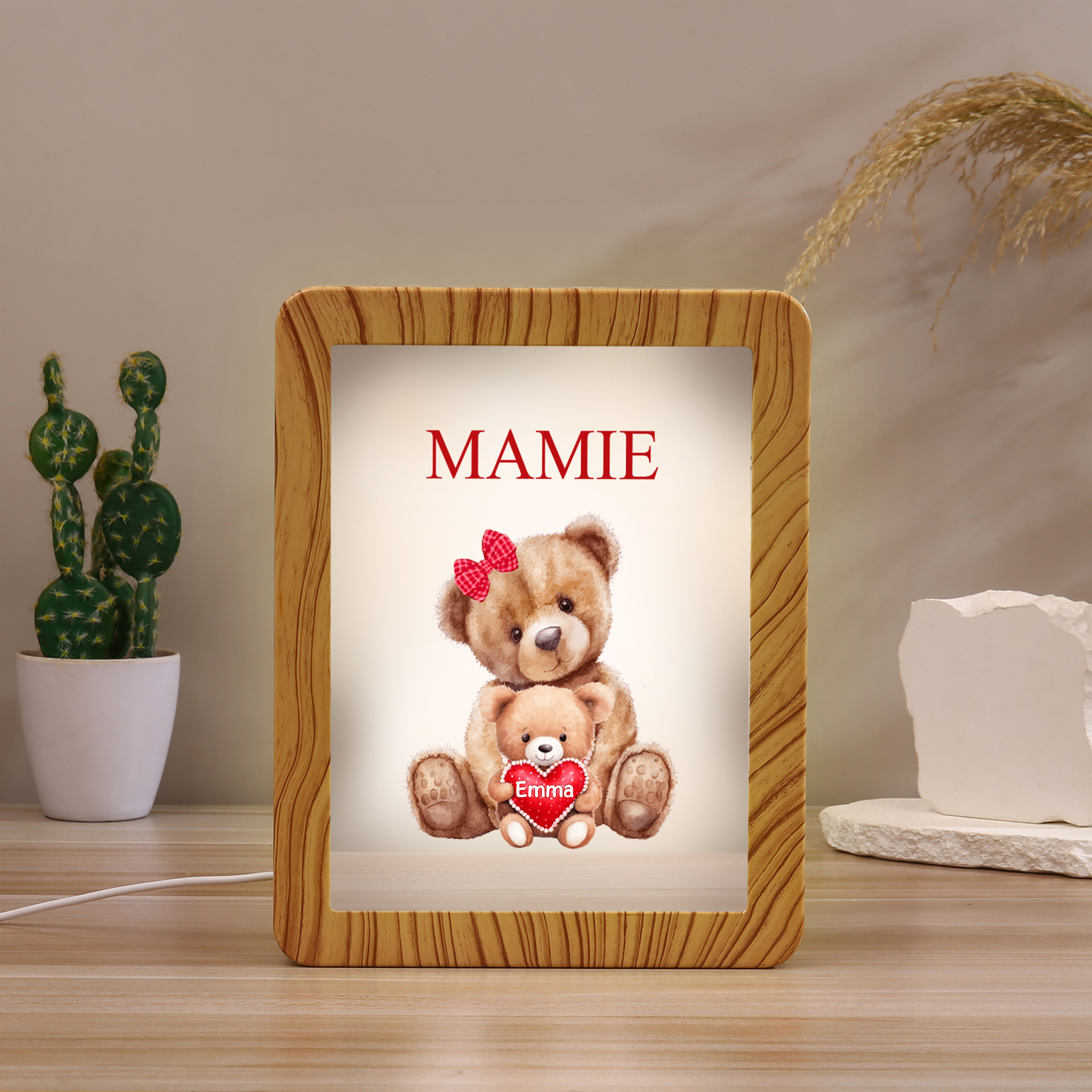 Cadre Photo/Miroir LED Multifonctionnel Ours 1 Prénom Personnalisé avec Texte pour Famille