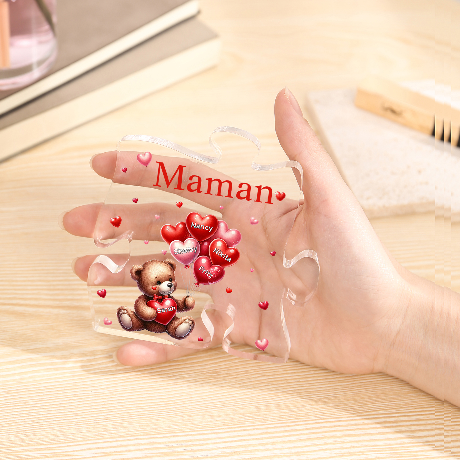 Plaque Acrylique en forme de Puzzle Ours 5 Prénoms et 1 Texte Personnalisés