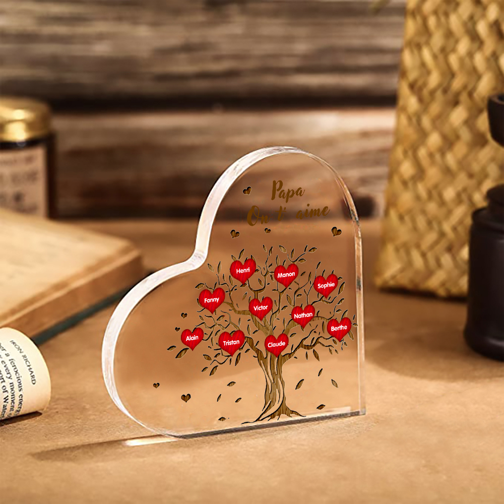 Plaque Acrylique en Forme de Cœur Arbre de vie Arbre généalogique 10 Prénoms Personnalisés avec Texte | Jessemade