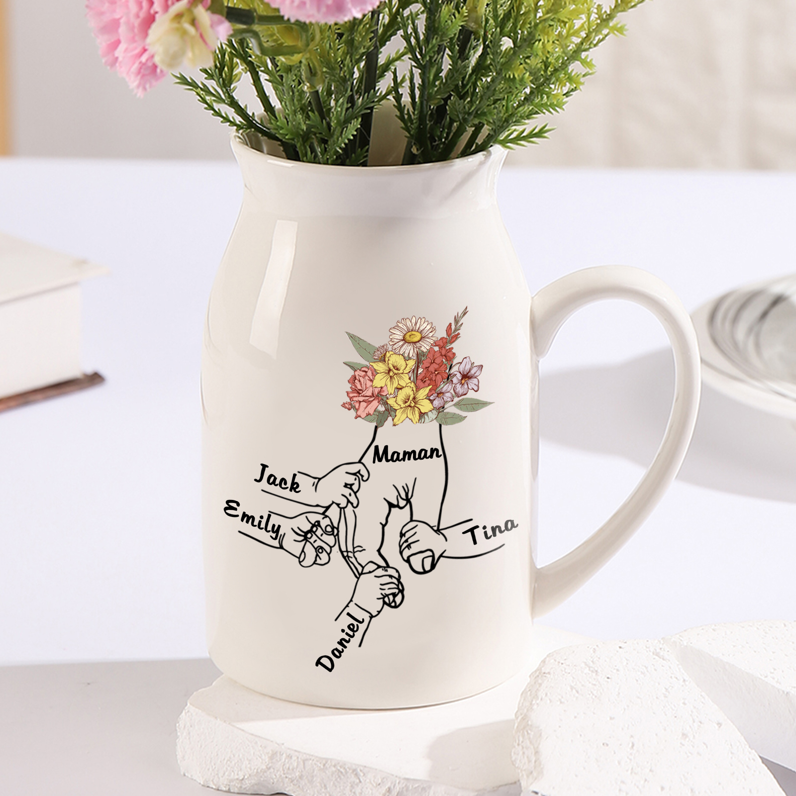 Vase à Fleurs la main dans la main 4 Prénoms Personnalisés avec Texte Décoration de la Maison