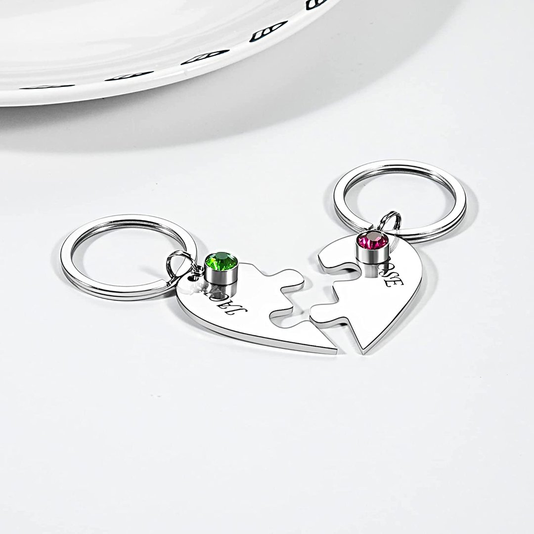 Porte-clés breloque coeur 2 Prénom Personnalisé 2 pierre naissance