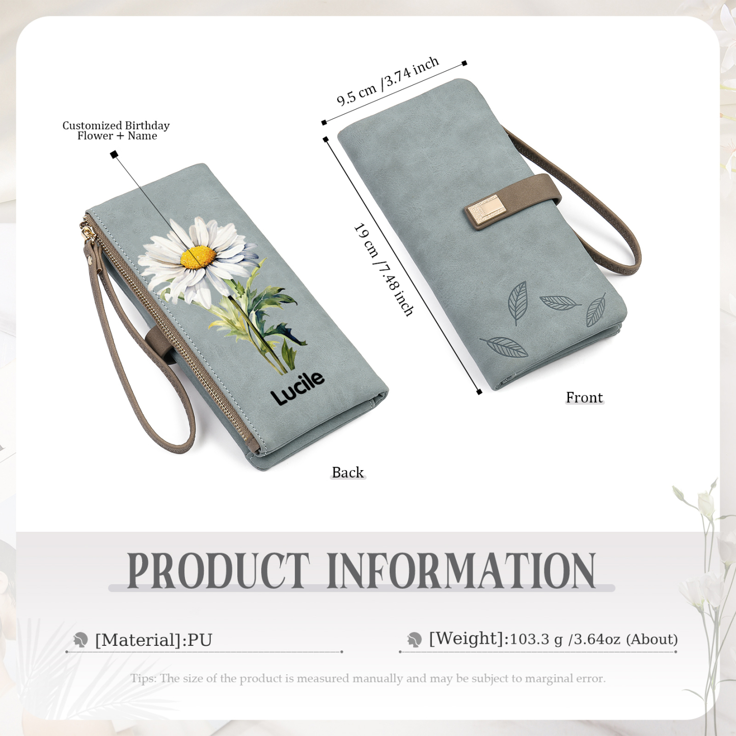 Portefeuille Femmes 1 Prénom Personnalisé avec Fleur de Naissance Porte-Monnaie Carte
