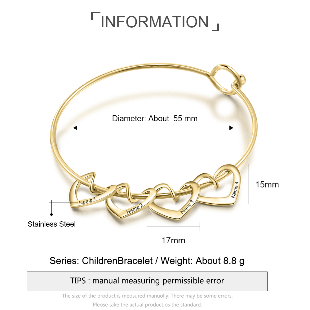 Bracelet Enfant 4 Prénoms Personnalisés avec 4 Cœur Breloques