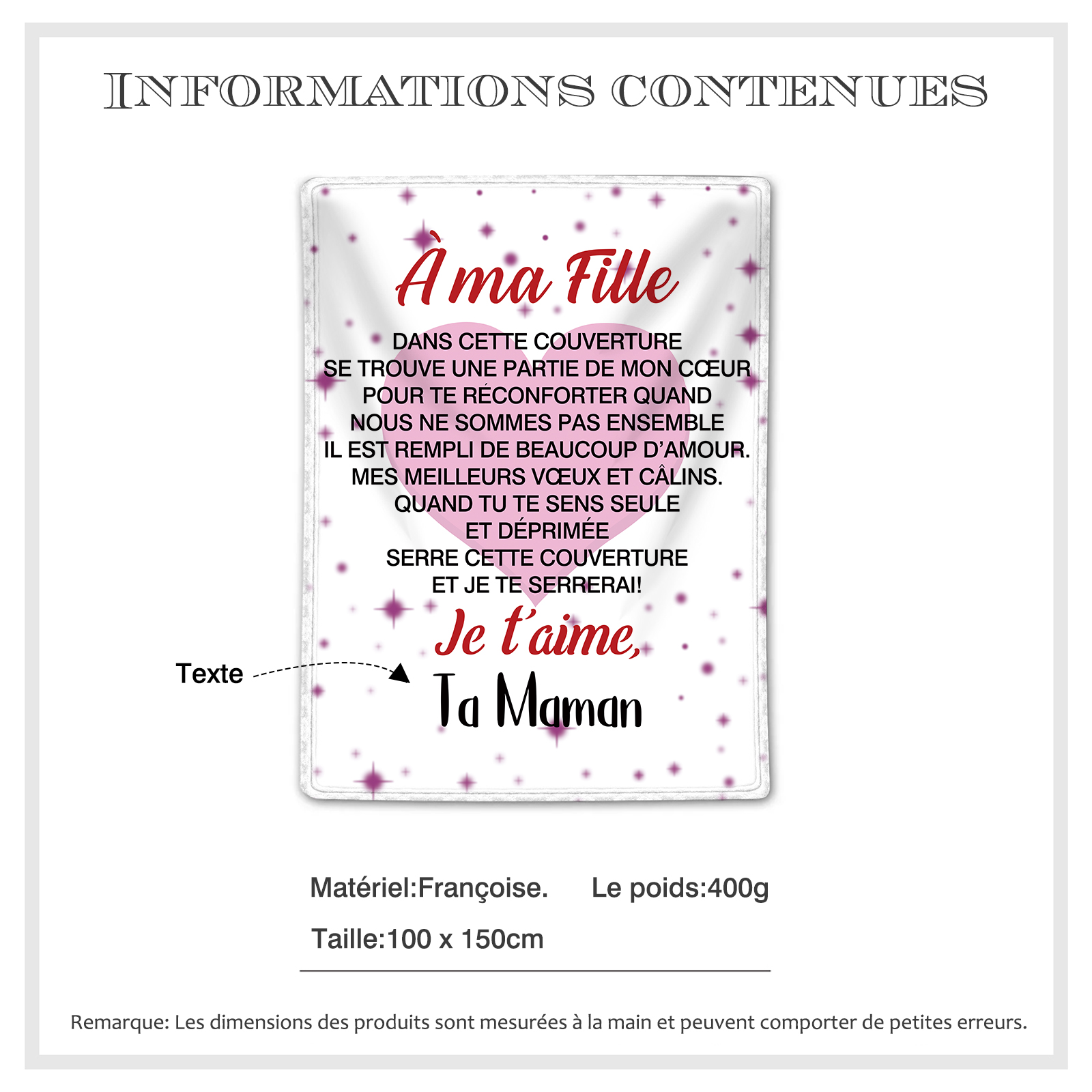 Couverture Personnalisée 'À Ma Fille' | Molleton Doux Avec Message Français | Cadeau Naissance, Anniversaire, Noël De Maman - 2