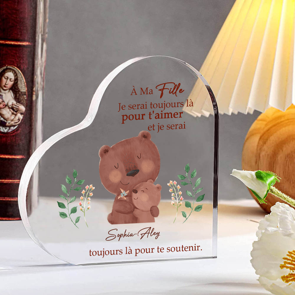 À ma Fille - Plaque Acrylique Ours en Forme de Cœur 2 Prénoms Personnalisés