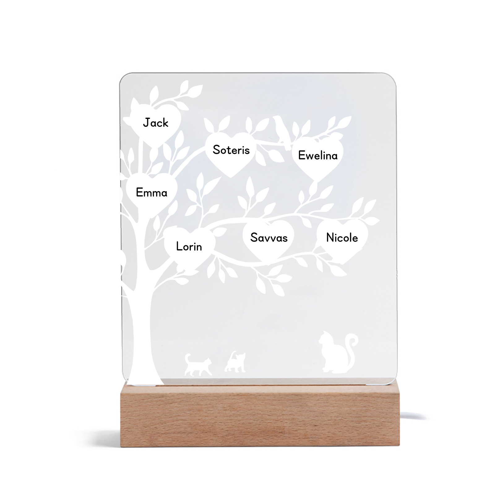 À Maman/Mamie - Lampe de chevet LED Arbre et Chat 7 Prénoms Personnalisés