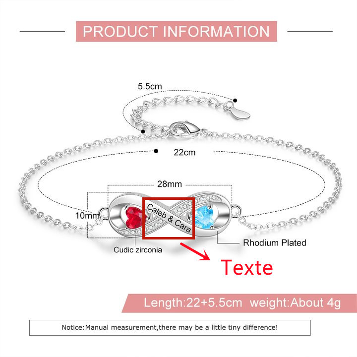 Bracelet à Breloque Infini Bracelet Personnalisé Femme 1 texte Personnalisé avec 2 Pierre de Naissance｜Jessemade