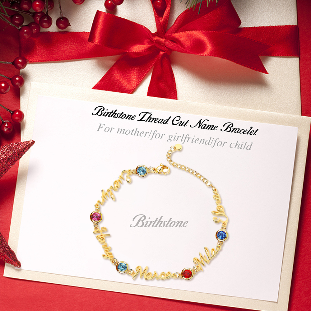 Bracelet Breloque 5 Prénoms Personnalisés avec 5 Pierre de Naissance pour Femmes