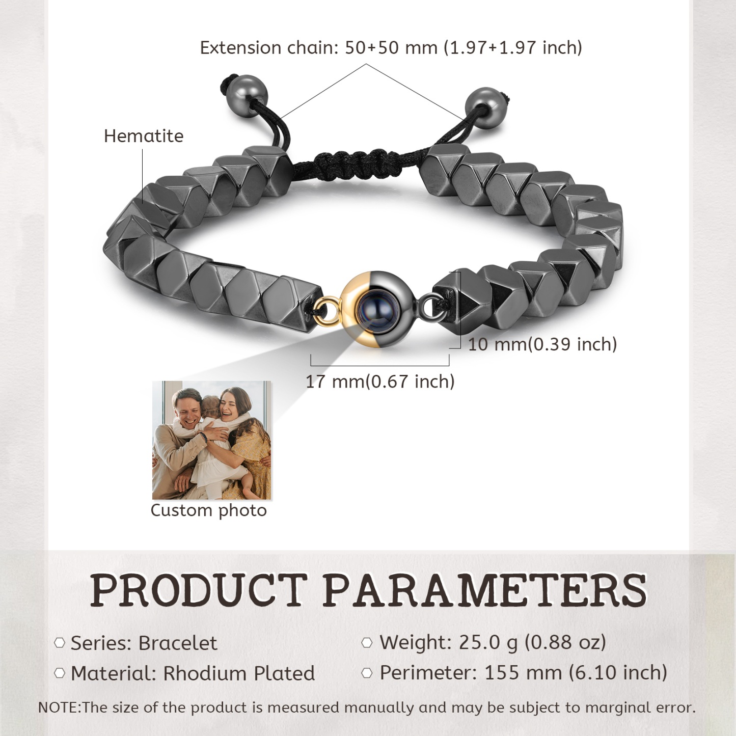Bracelet Personnalisé Bracelet Photo Projection Bracelet Hématite Noir pour Homme｜ Jessemade