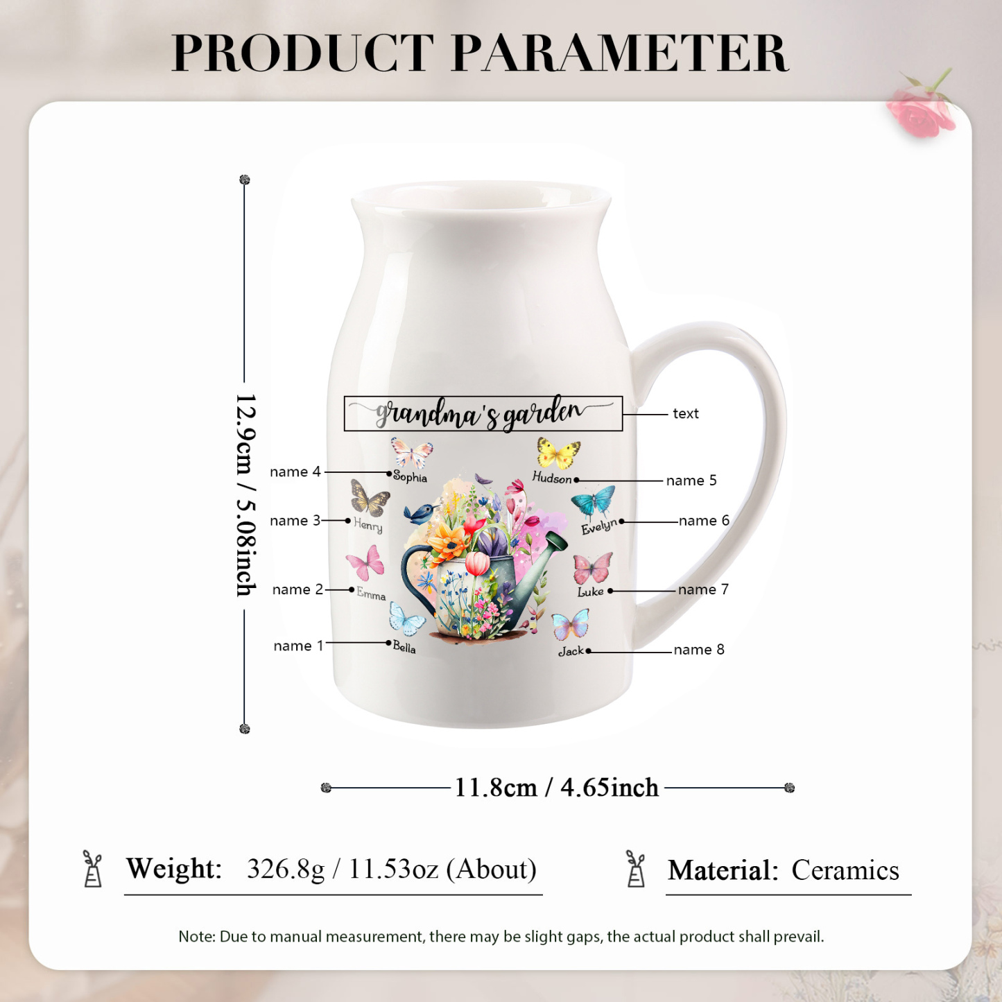 Vase à Fleurs 8 Prénoms Personnalisés avec 1 Texte Décoration de la Maison