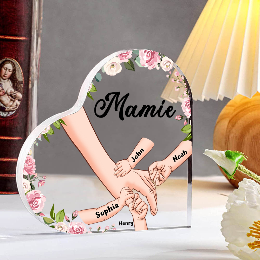 Plaque Acrylique en Forme de Cœur La Main Dans La Main 4 Prénoms Personnalisés avec Texte