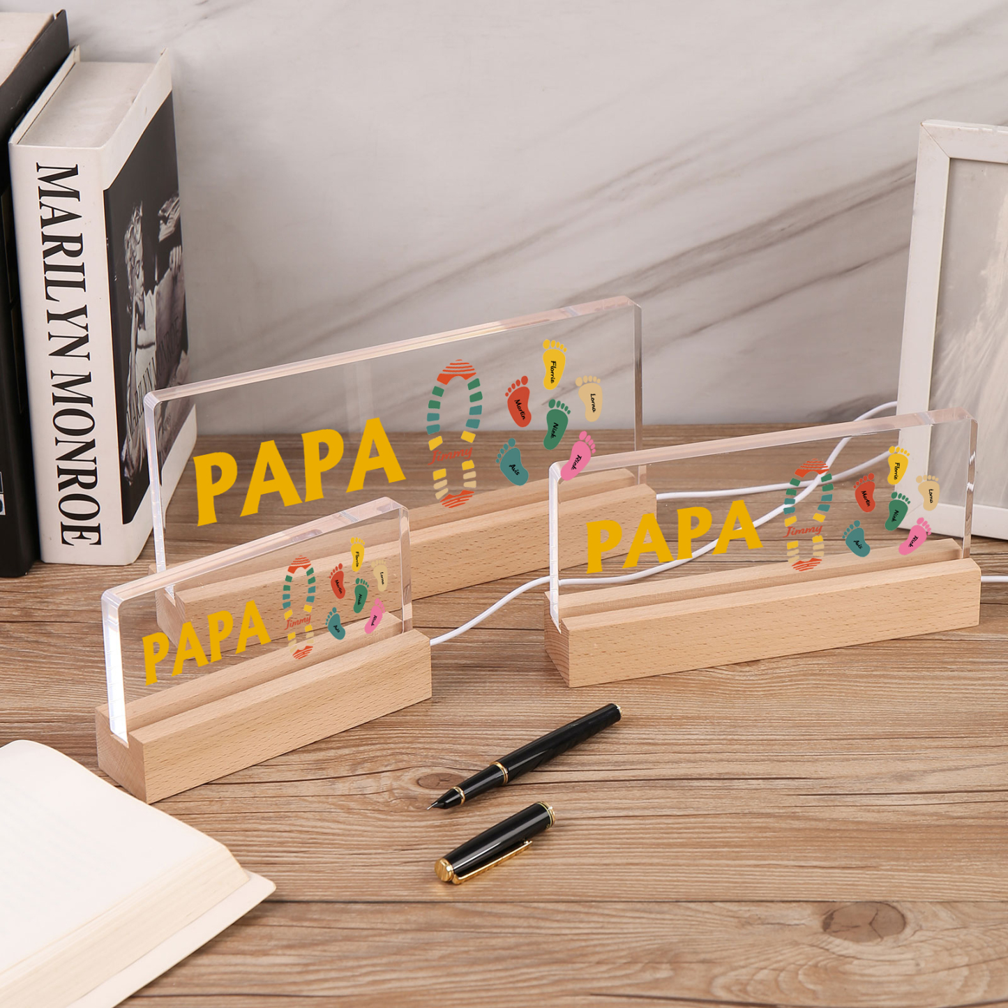 À mon Papa/Papi- Lampe de chevet LED Pieds Bébé 7 Prénoms Personnalisés avec Texte
