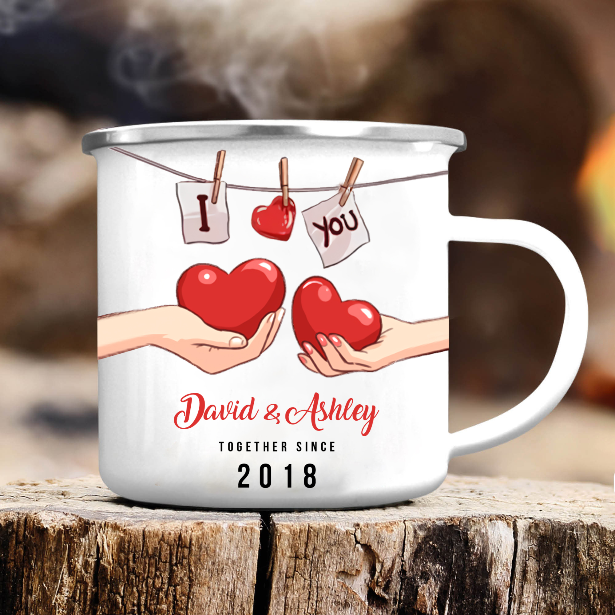 Tasse émaillée 2 Prénoms Personnalisés avec Texte et Année pour Couple