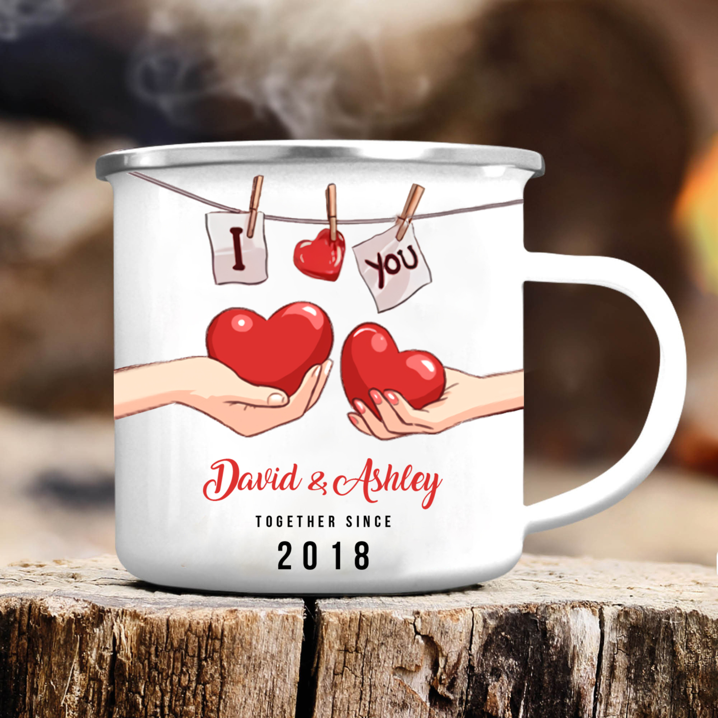 Tasse émaillée 2 Prénoms Personnalisés avec Texte et Année pour Couple