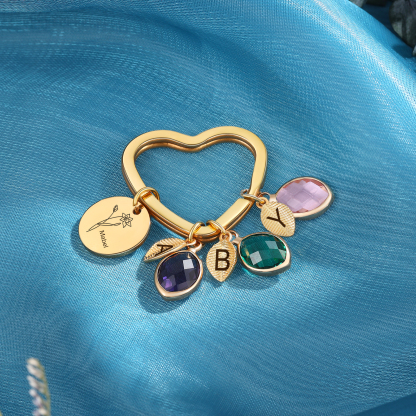 Porte-Clés Fleur de Naissance Feuilles 1 Prénom et 3 Lettres Personnalisés avec 3 Pierres de Naissance