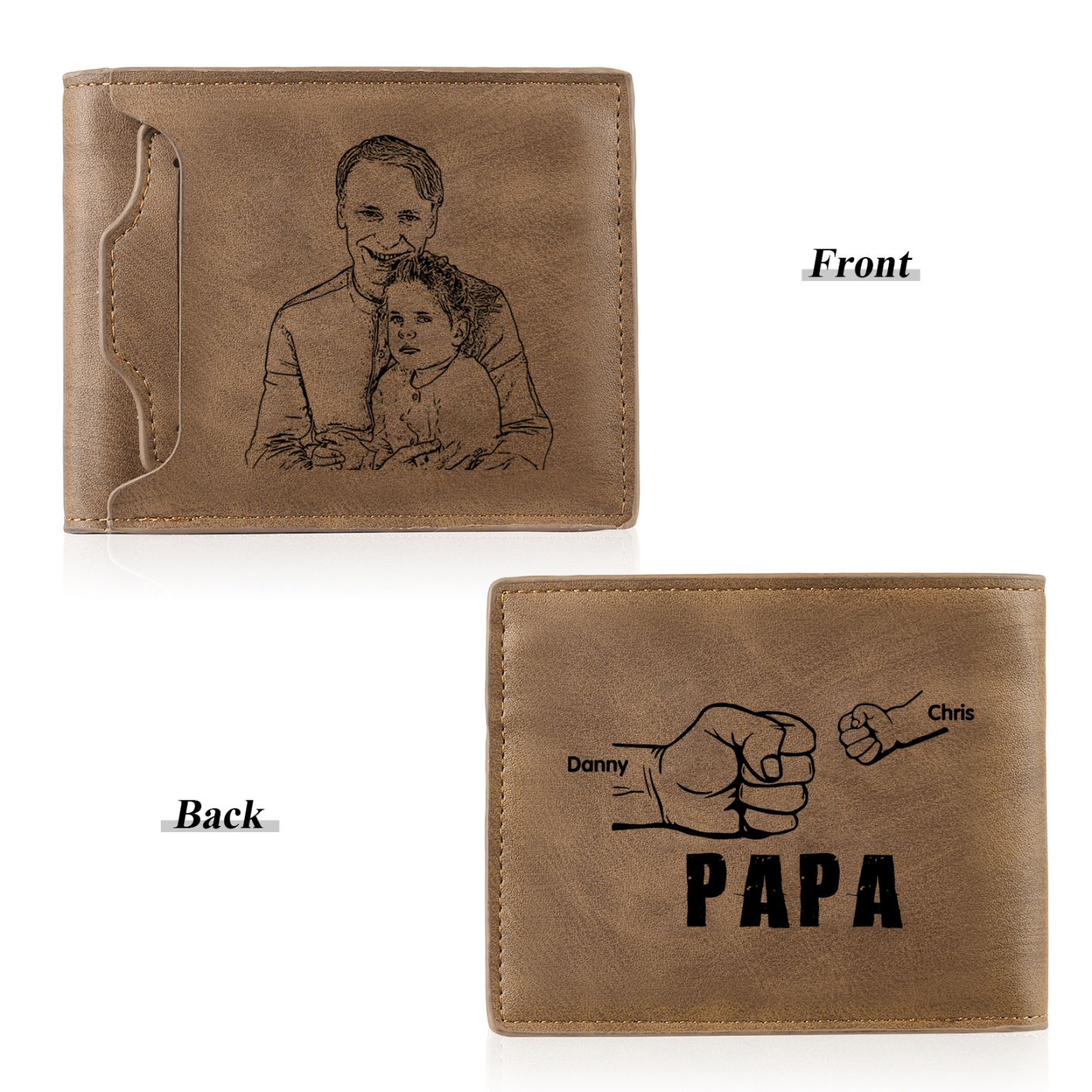 À mon Papa - Portefeuille Poings 2 Prénoms Personnalisés avec Photo Classique Homme Porte-Monnaie Carte