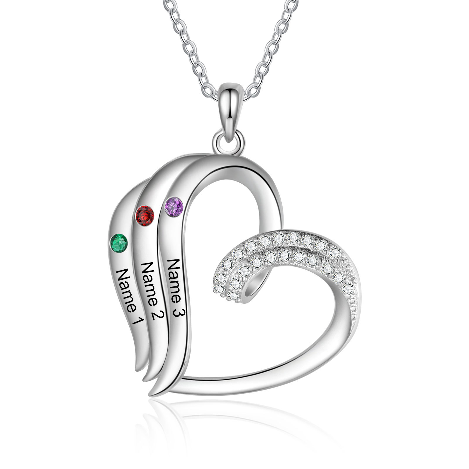 Collier Coeur 3 Prénoms Personnalisés avec Pierre de naissance pour Femmes|Jessemade