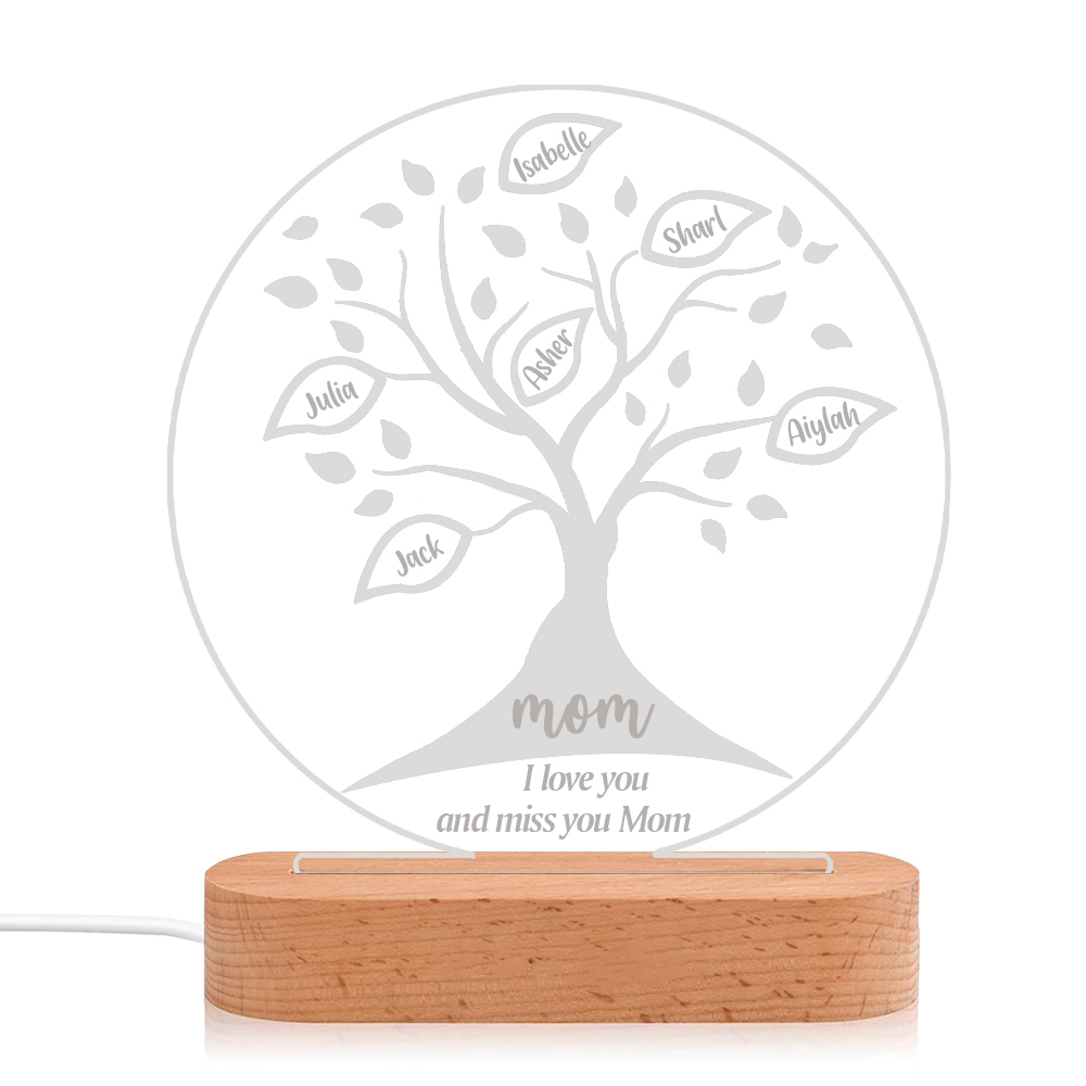 Lampe de chevet LED Arbre de vie Arbre généalogique 6 prénoms personnalisés avec 2 textes