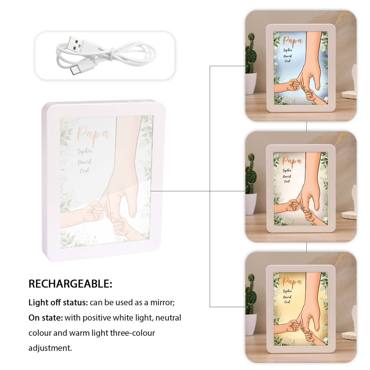 Lampe LED/Cadre Photo/Miroir multifonctionnel la main dans la main 3 Prénoms et 1 Tetxe Personnalisés Cadeau Créatif pour Famille
