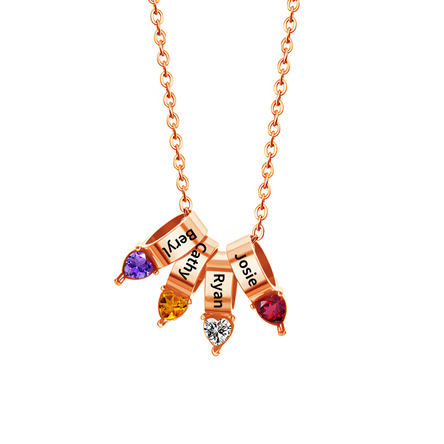 Collier Pendentif Cœur 4 Prénoms et Pierres de Naissance Personnalisés Collier Femmes