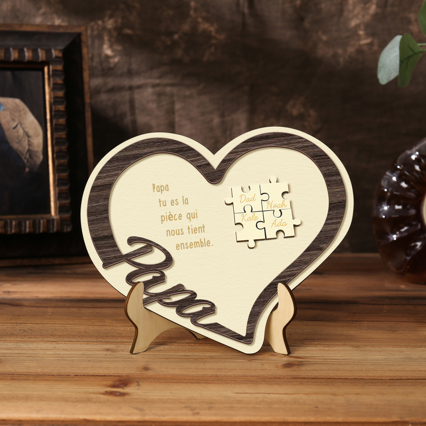 À mon Papa - Décoration en bois Cœur Puzzle 4 Prénoms Personnalisés Ornement pour Famille