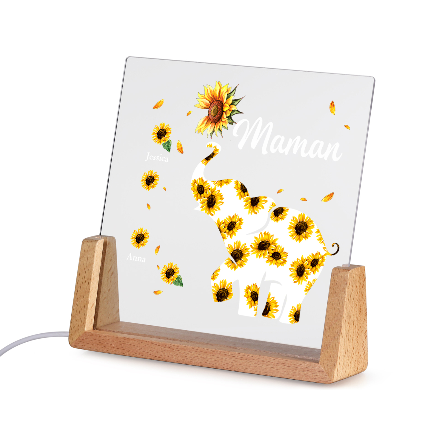 À Maman/Mamie - Lampe de chevet LED Éléphants 2 Prénoms Personnalisés avec Texte