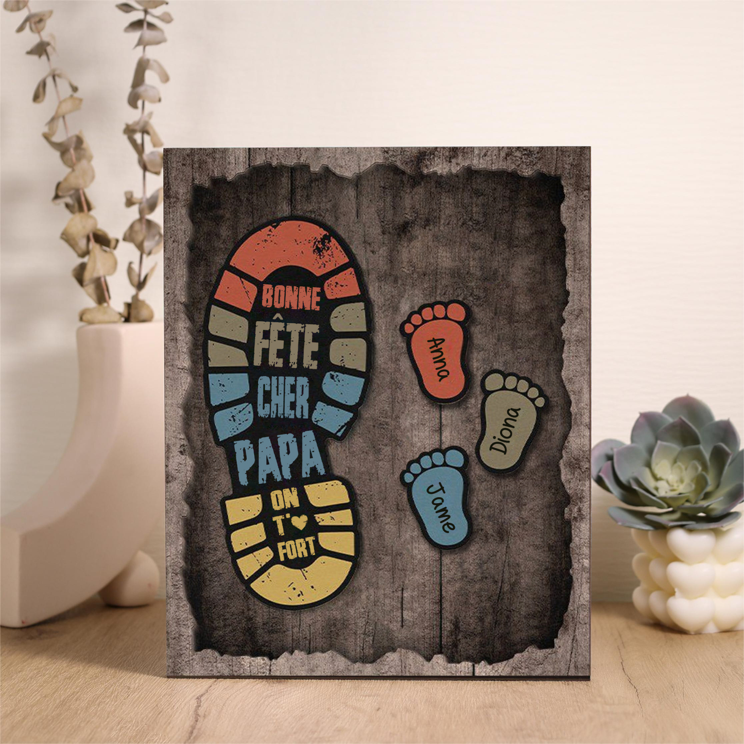 À Mon Papa-Cadre en Bois Pieds Bébé 3 Prénoms Personnalisés