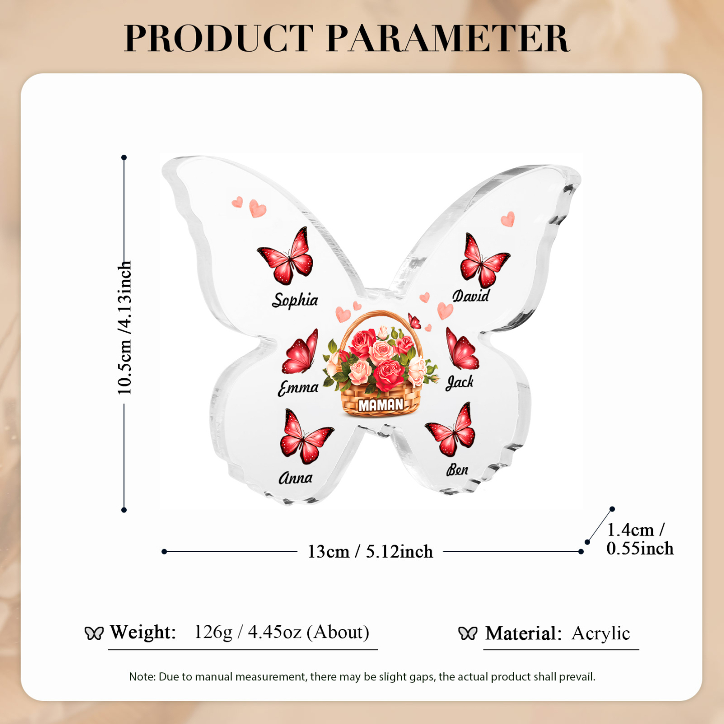 À Maman/Mamie - Plaque Acrylique en forme de Papillon 6 Prénoms et 1 Texte Personnalisés Decoration Fleurs et Papillons